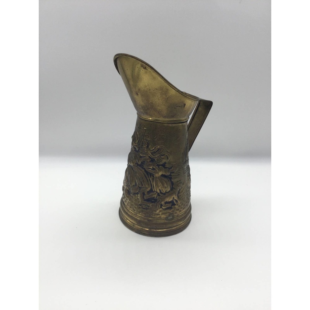 Vintage 8” brass pitcher windmill England dog sailboat chicken street country
